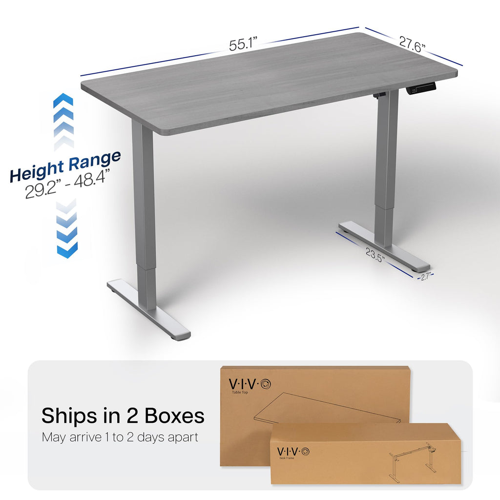 Electric 55 x 28 in Standing Desk, Memory Height Adjustment, 1B Series, Holds 220 lbs, One-Piece Dark Gray Top, Gray Frame