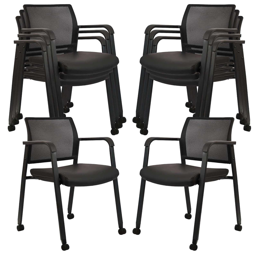 Black, 8 PK, Stacking Office Chair with Wheels, Mesh Back Waiting Room Guest Chairs with Arms Comfortable Leather Cushion Stackable Desk Chair for Conference Reception School Side Stationary,