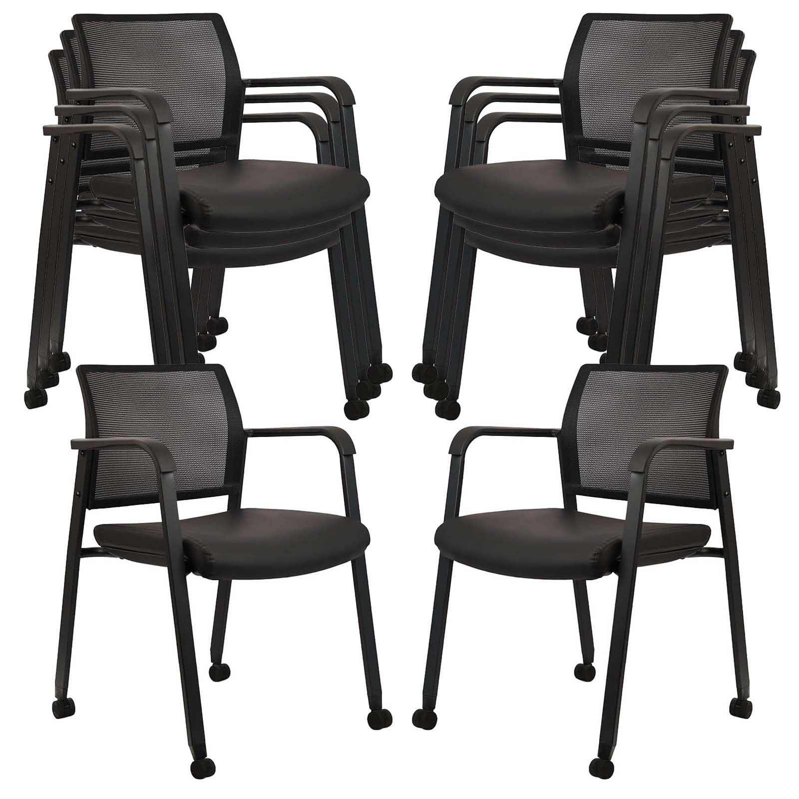 Black, 8 PK, Stacking Office Chair with Wheels, Mesh Back Waiting Room Guest Chairs with Arms Comfortable Leather Cushion Stackable Desk Chair for Conference Reception School Side Stationary,