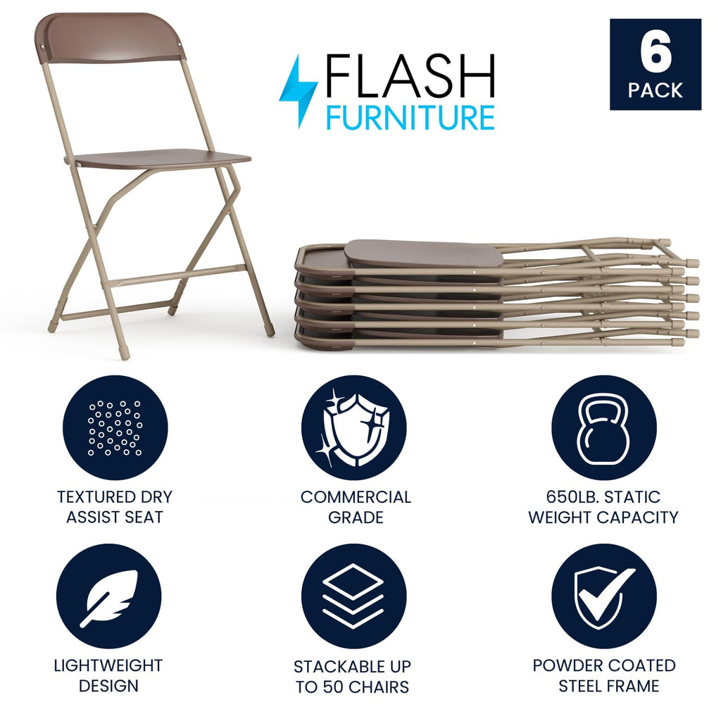 6 Pack, Hercules Series Plastic Folding Chair - Brown - 650LB Weight Capacity Comfortable Event Chair-Lightweight Folding Chair