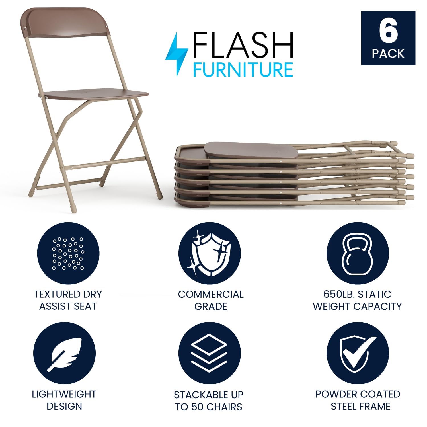 6 Pack, Hercules Series Plastic Folding Chair - Brown - 650LB Weight Capacity Comfortable Event Chair-Lightweight Folding Chair