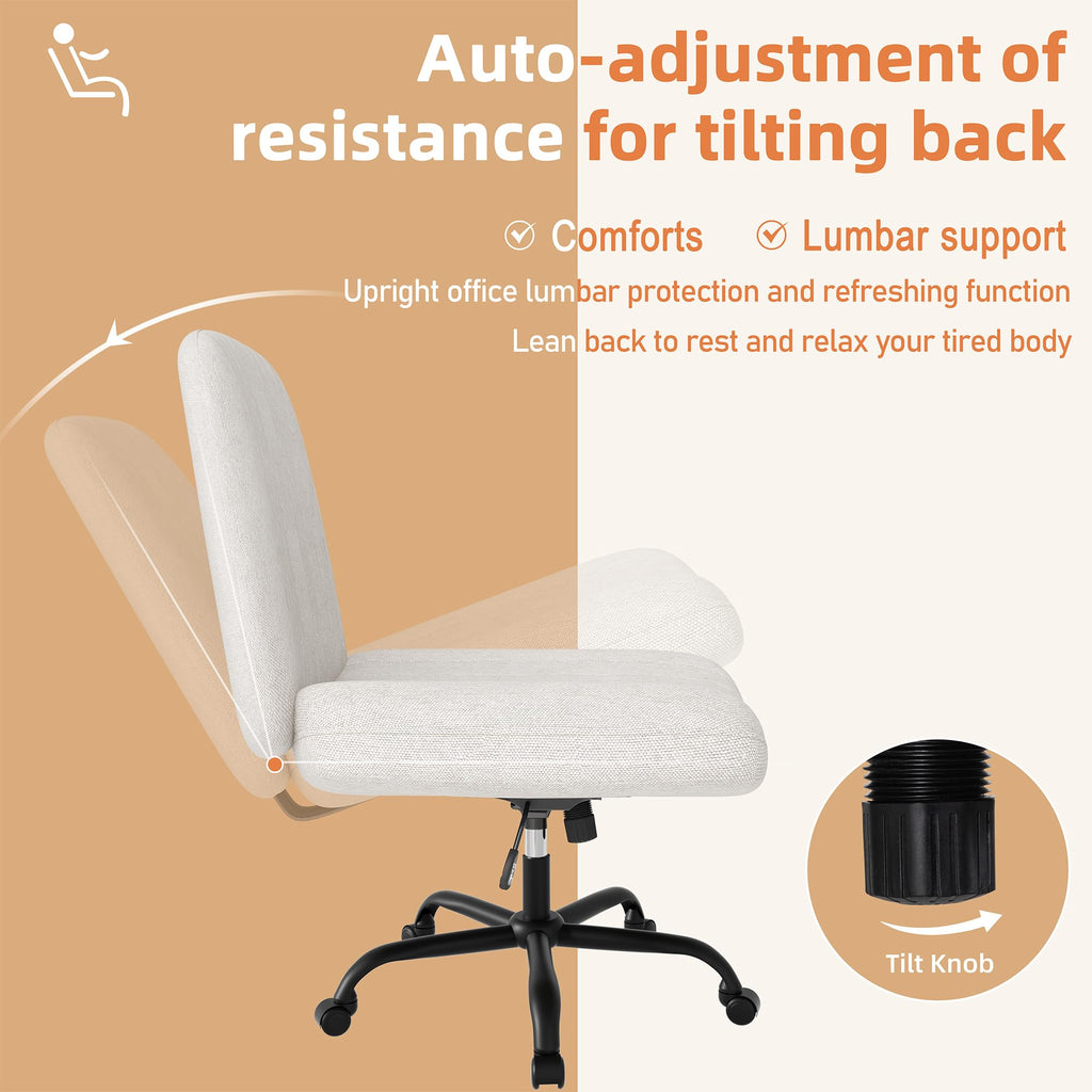 Criss Cross Chair,Cross Legged Office Seat with Wheels Armless Swivel Vanity Chair,Height Adjustable Wide Computer Task Seating for Home Office,Beige
