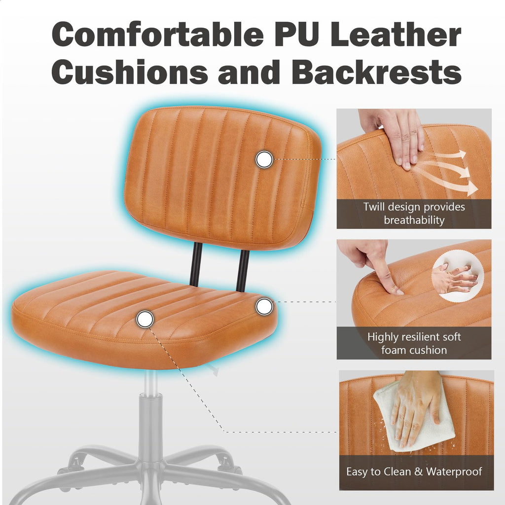 Armless Office Chair: Small Desk Chair with Low Back Lumbar Support, Height Adjustable PU Leather Computer Task with 360° Swivel Wheels, for Adults, Brown