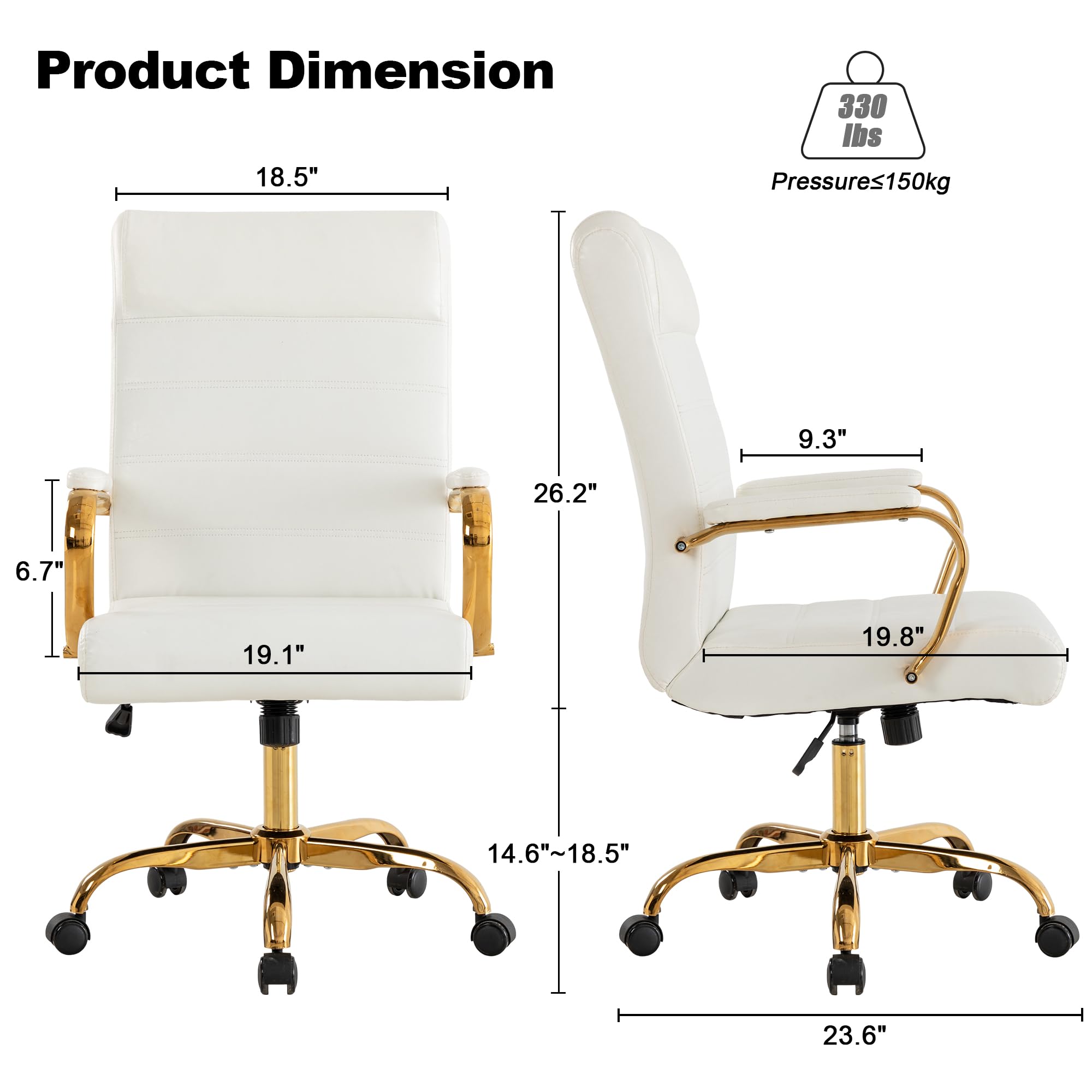 White and Gold Office Desk Chair, Modern Leather Conference Room Chairs, High Back Ergonomic Home ofiice Chair, Adjustable Height Swivel Executive Computer Chair with Padded Seat and Armrest