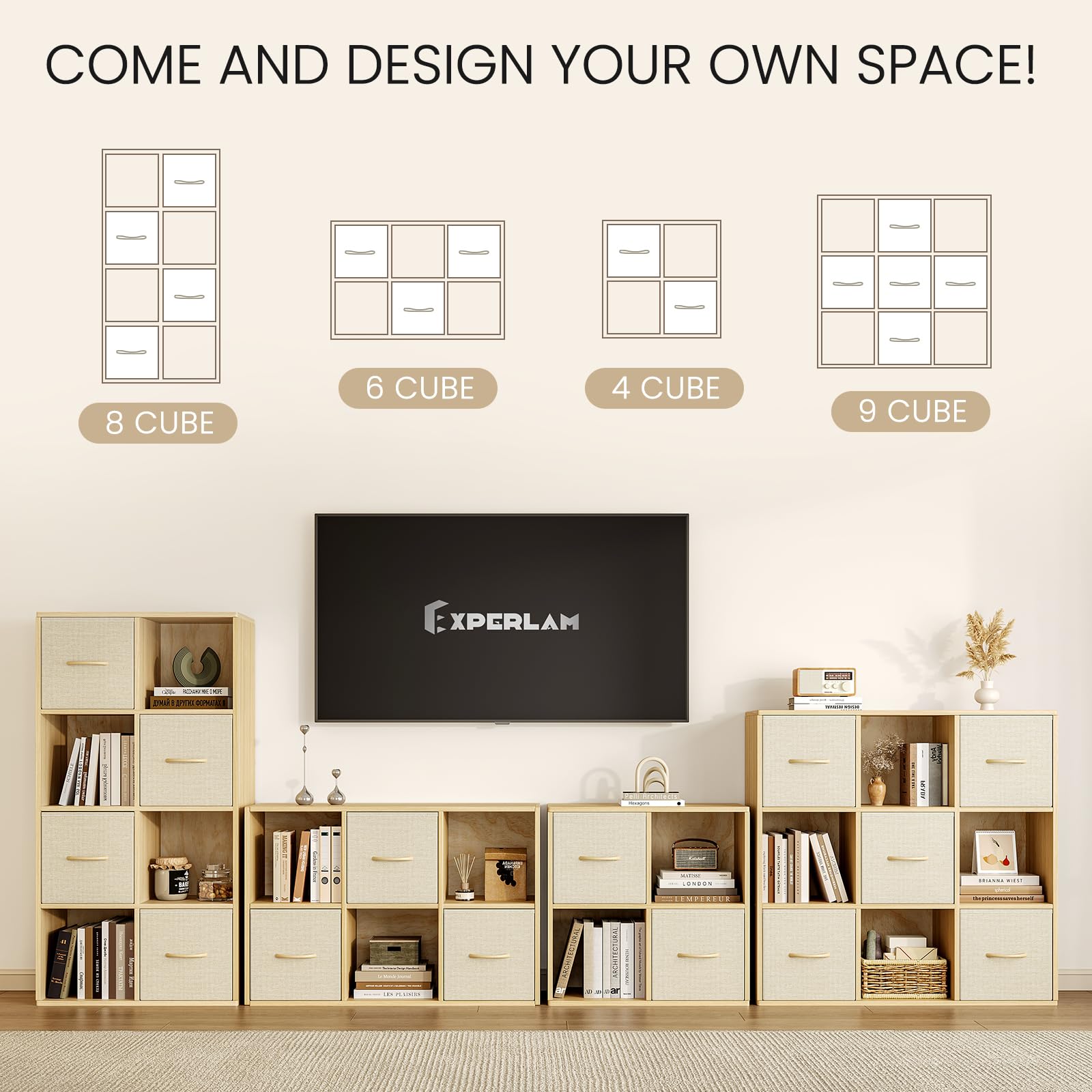 6 Cube Storage Organizer - Solid Wood Bookshelf with 3 Storage Bins, Cube Shelf with 2 Removable Back Panels, Vertical or Horizontal Bookcase, Open Book Shelf for Bedroom, Living Room, Office