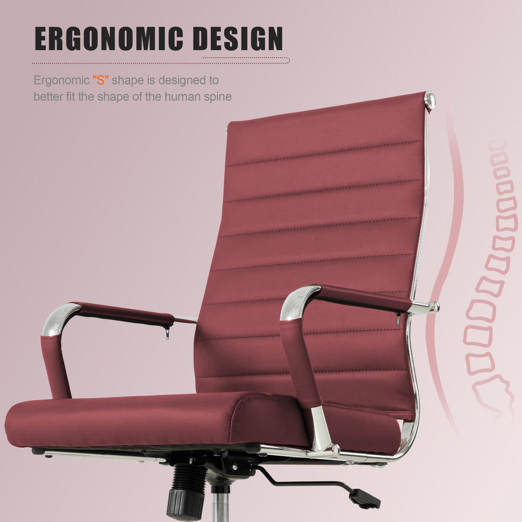 Red Office Desk Chair, Ergonomic Leather Modern Conference Room Chairs, Executive Ribbed Height Adjustable Swivel Rolling Chair for Home Office. (Red)