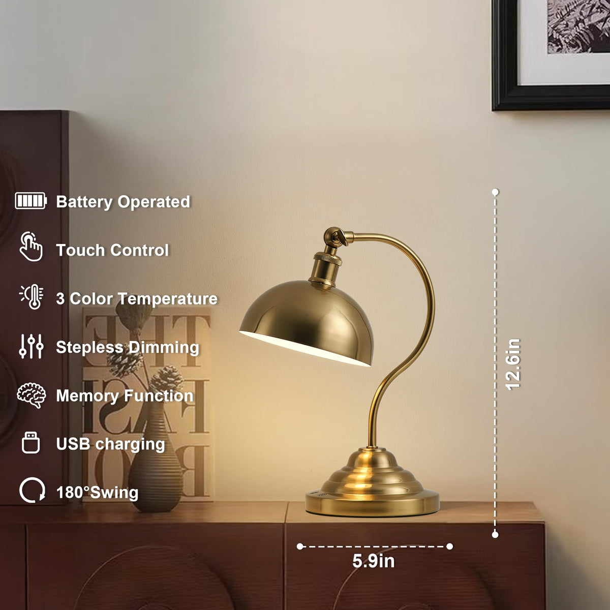 Cordless Table Lamp, Battery Operated Vintage Desk Light, Brass