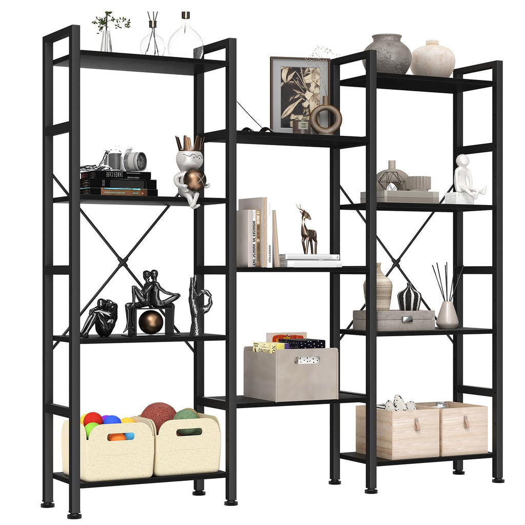 Triple Column 4 Tier Bookshelf, Wide Industrial Bookcase, Black
