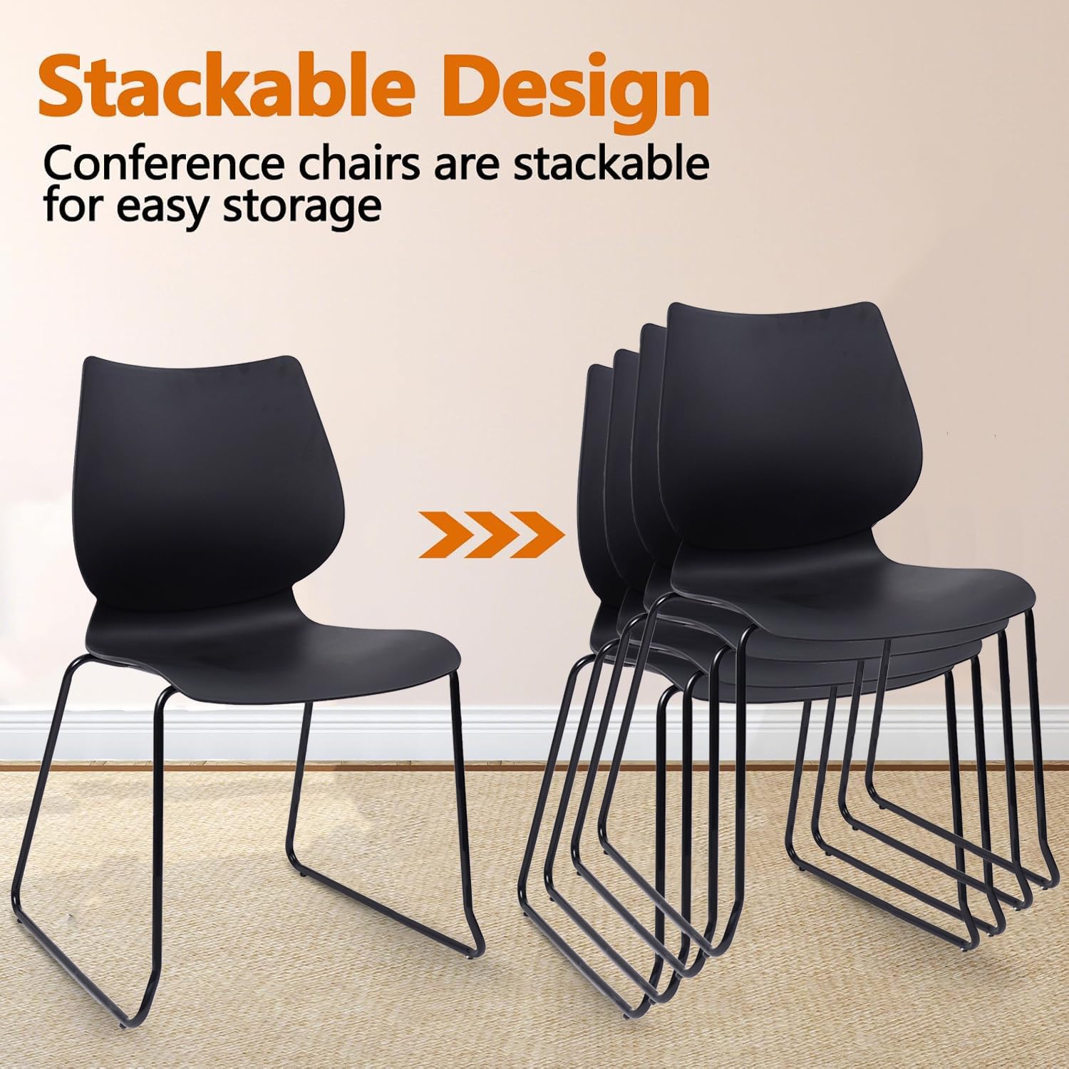Set of 12, Stackable Waiting Room Chair, Stacking Office Chair with Ergonomic Lumbar Support and Metal Legs, Plastic Desk Chairs for Conference School Church Guest Reception , Black
