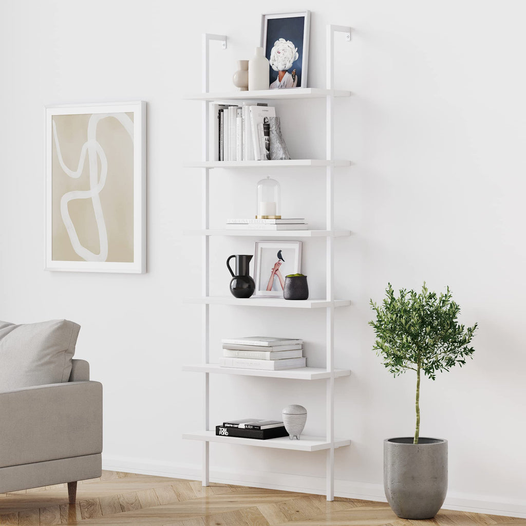 6-Shelf Tall Modern Bookshelf, Wall Mount Ladder Shelf Bookcase with Wood and Industrial Metal Frame, Matte White