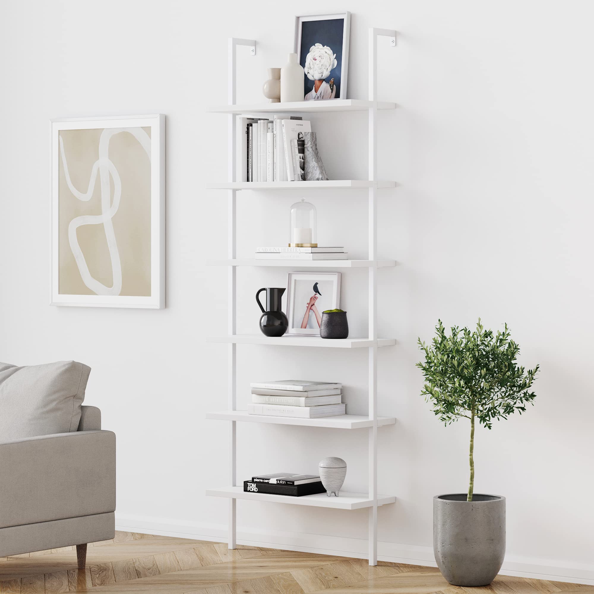 6-Shelf Tall Modern Bookshelf, Wall Mount Ladder Shelf Bookcase with Wood and Industrial Metal Frame, Matte White