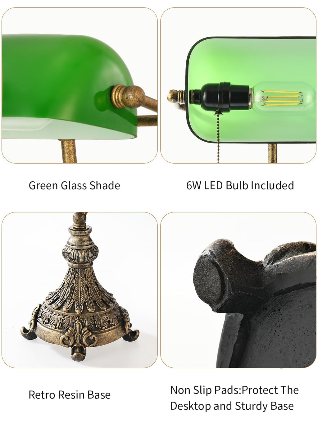 Vintage Green Glass Bankers Desk Lamp, LED Bulb Included