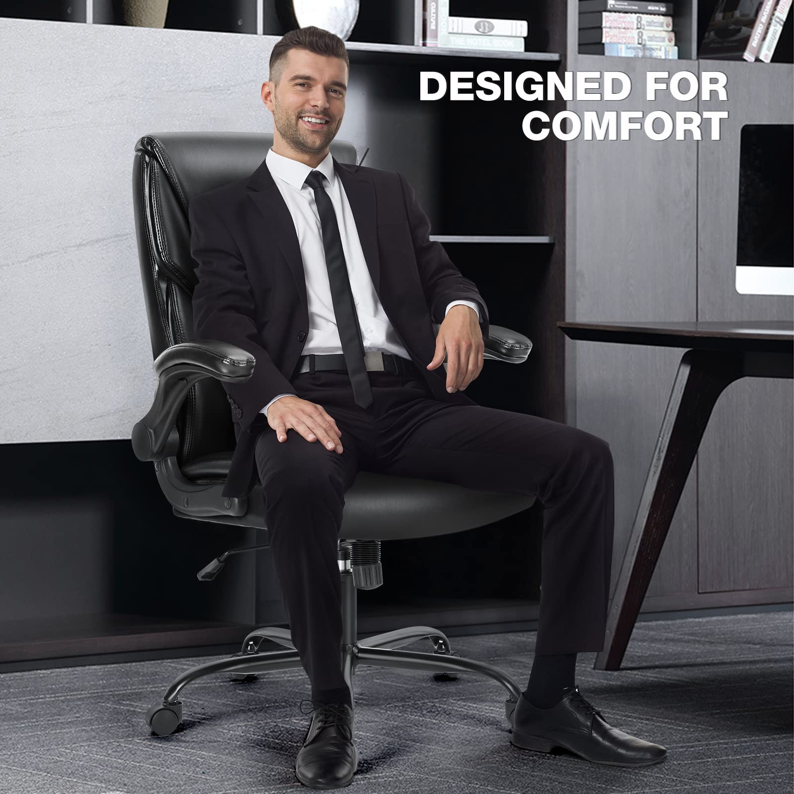 Ergonomic Office Chair, Heavy Duty 275lbs High Back Desk Chair, Flip-up Armrest PU Leather Swivel Rolling Chair with Wheels,Black