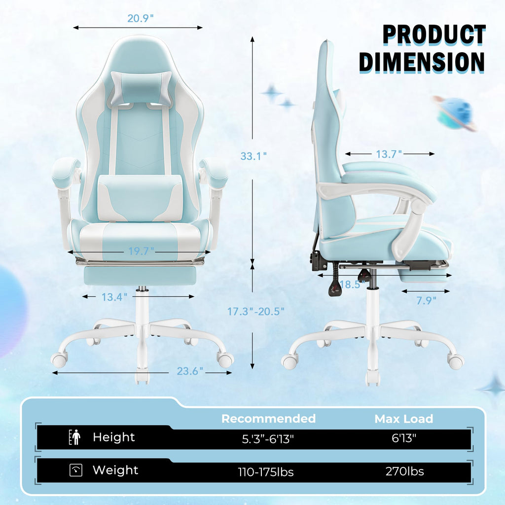 Gaming Chair, Video Game Chair with Footrest and Massage Lumbar Support, Ergonomic Computer Chair Height Adjustable with Swivel Seat and Headrest (Light Blue)
