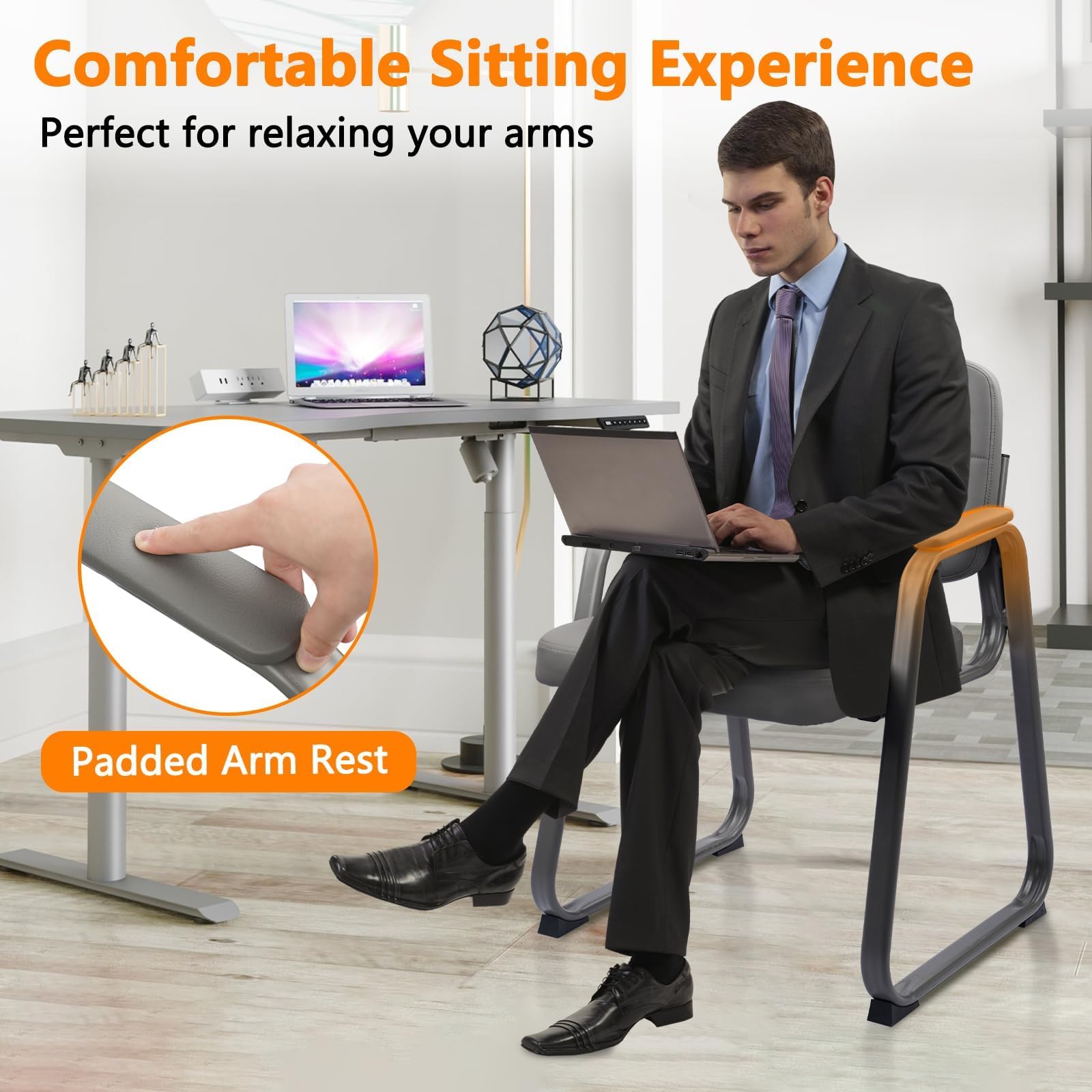 6 Pack, Waiting Room Guest Chair with Bonded Leather Padded Arm Rest for Office Reception and Conference Desk Black with Sled Base Grey