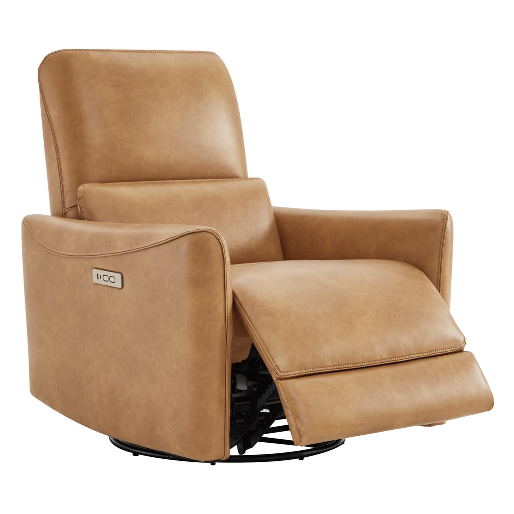 Power Recliner Chair Swivel Glider, FSC Certified Upholstered Faux Leather Living Room Nursery Reclining Sofa Chair with Lumbar Support, Cognac Brown