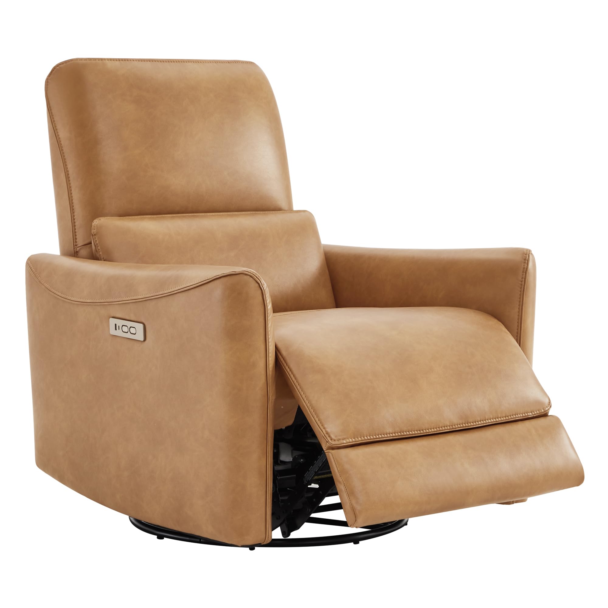 Power Recliner Chair Swivel Glider, FSC Certified Upholstered Faux Leather Living Room Nursery Reclining Sofa Chair with Lumbar Support, Cognac Brown