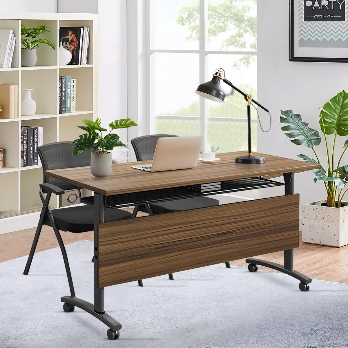 Folding Conference Table with Wheels, Flip-Top, 61in, 4 Pack, Walnut 1619