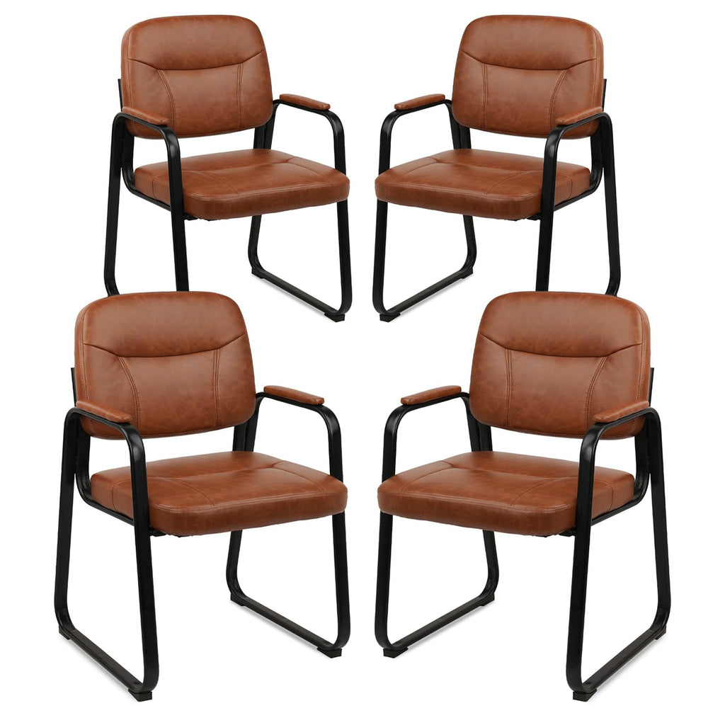 4 Pack, Waiting Room Guest Chair with Bonded Leather Padded Arm Rest for Office Reception and Conference Desk Black with Sled Base Brown