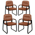 4 Pack, Waiting Room Guest Chair with Bonded Leather Padded Arm Rest for Office Reception and Conference Desk Black with Sled Base Brown