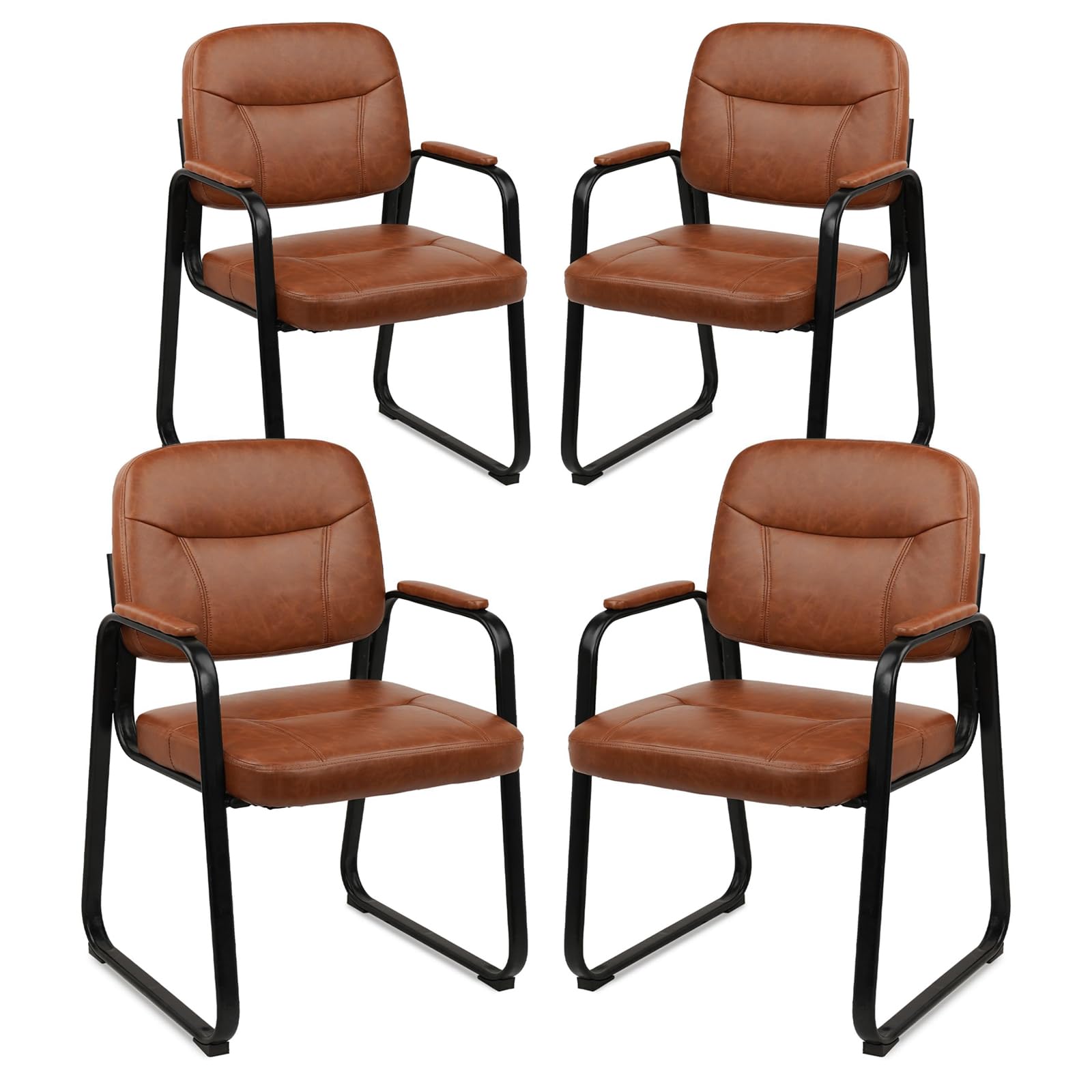 4 Pack, Waiting Room Guest Chair with Bonded Leather Padded Arm Rest for Office Reception and Conference Desk Black with Sled Base Brown