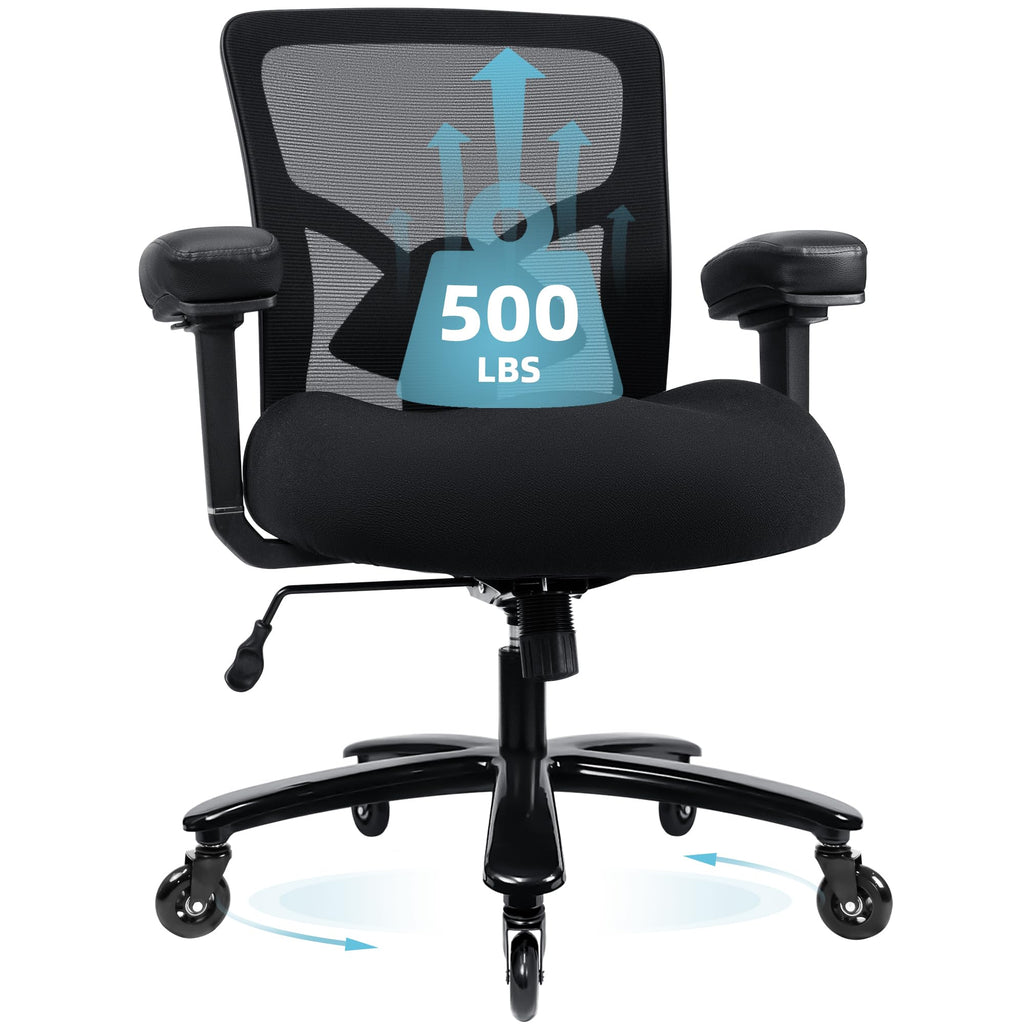 500LBS Big and Tall Office Chair with 4D Armrests & Adjustable Backrest, Heavy Duty Office Chair for Heavy People, Memory Foam Seat Filling Springs, Black