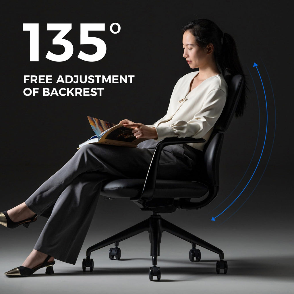 Genuine Leather Office Desk Chair with Wheels, Ergonomic Leather Executive Chair, Mid Back, Swivel Base with Adjustable Tilt, Modern Style, Luxury Aluminum Frame