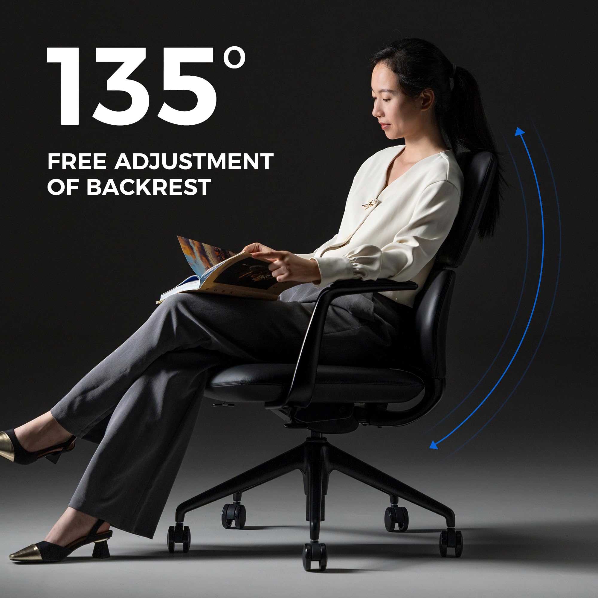 Genuine Leather Office Desk Chair with Wheels, Ergonomic Leather Executive Chair, Mid Back, Swivel Base with Adjustable Tilt, Modern Style, Luxury Aluminum Frame