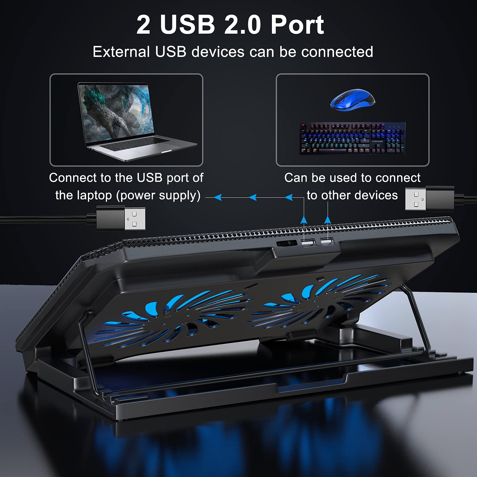 Laptop Cooling Pad with Adjustable Height Two 5.1 Inches Fan 2 USB Ports Suitable for 12"-15.6" Laptops（Black）