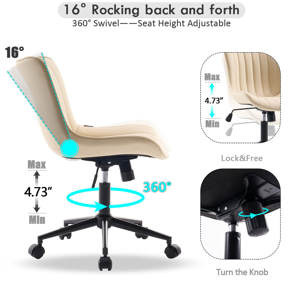 Ergonomic Home Office Desk Chair with Wheels Comfy Armless Vanity Chair with Adjustable Back Modern Leather Upholstered Swivel Computer Chair Small Rolling Task Chair  Beige