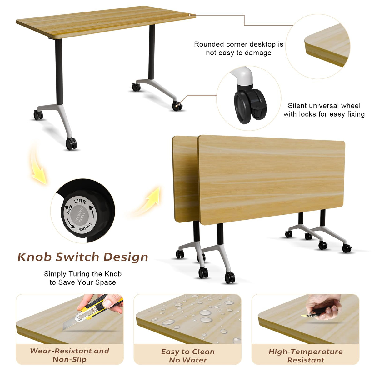 Folding Conference Table with Wheels, Flip-Top, 61in, 4 Pack, Maple