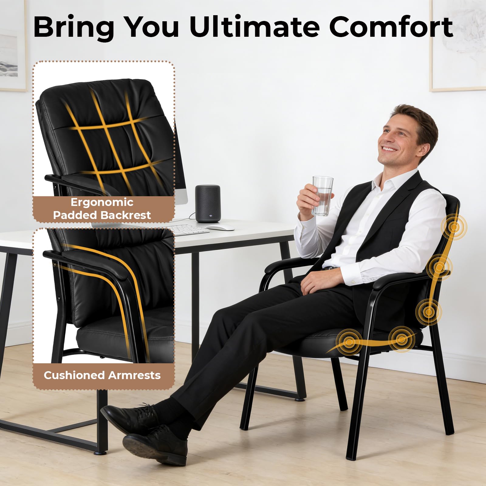Waiting Room Guest Chair Set of 4, 500lbs PU Leather Ergonomic Office Desk Reception Chair No Wheels with Padded Armrest for Conference Lobby Medical Waiting Area Bedroom, Black