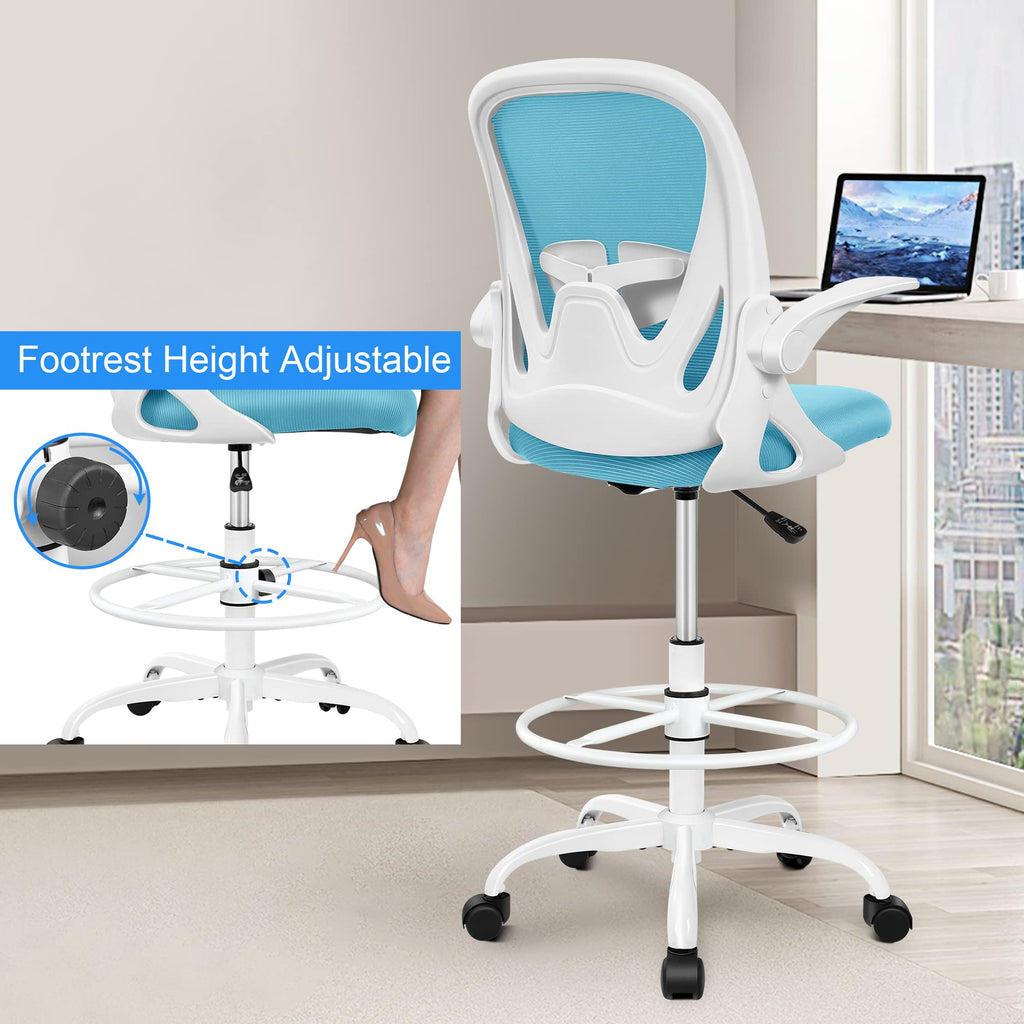 Drafting Chair Tall Office Chair with Flip-up Armrests Executive Ergonomic Computer Standing Desk Chair with Lumbar Support and Adjustable Footrest Ring（Blue）