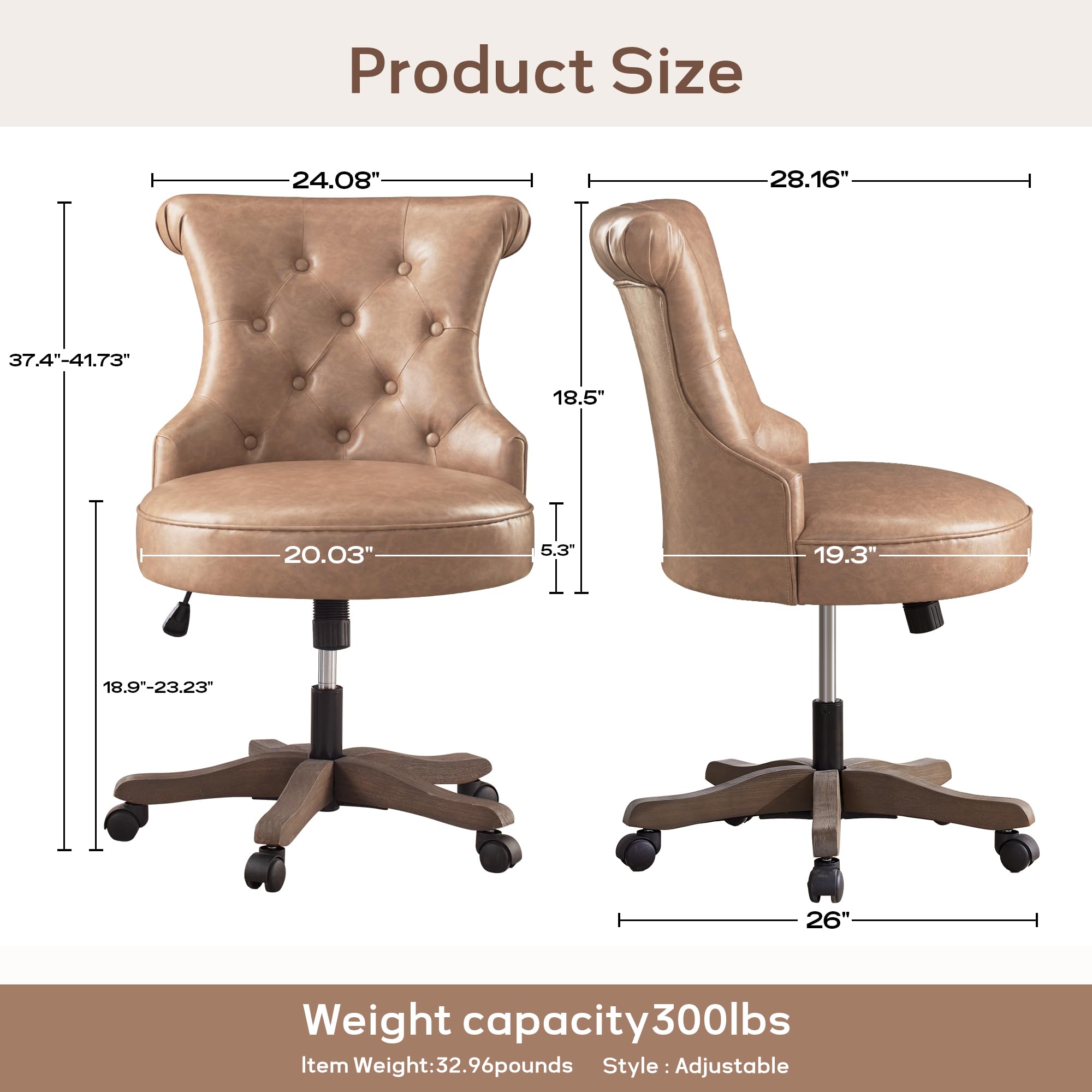 Home Office Chair Upholstered Faux Leather PU Armless Desk Chair with Wheels Adjustable Height Computer Desk Chair with Wooden Legs Comfortable Swivel Chair for Study Studio (Light Brown)