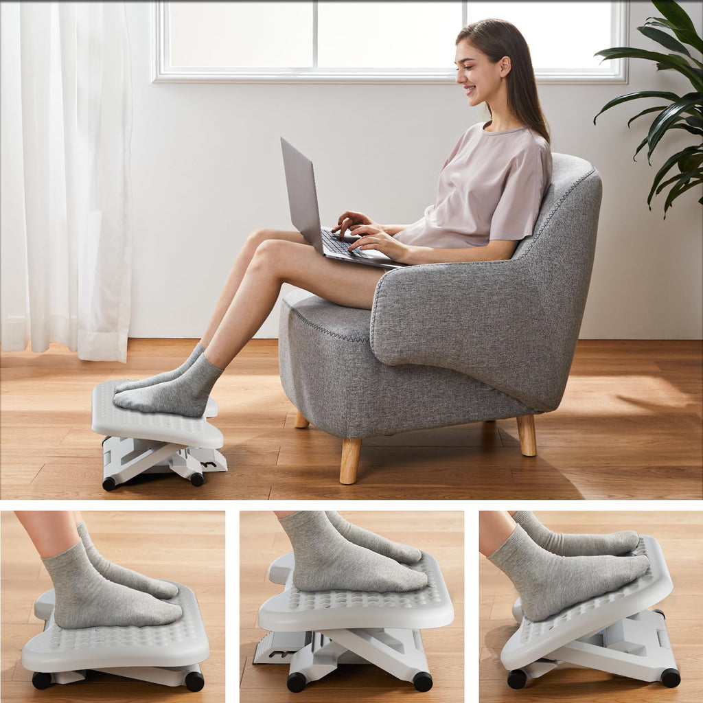 Adjustable Desk Footrest, Foot Rest for Under Desk at Work with Massage, Adjustable Foot Stool with 3 Height Position & 30 Degree Tilt Angle Adjustment for Home, Office, White