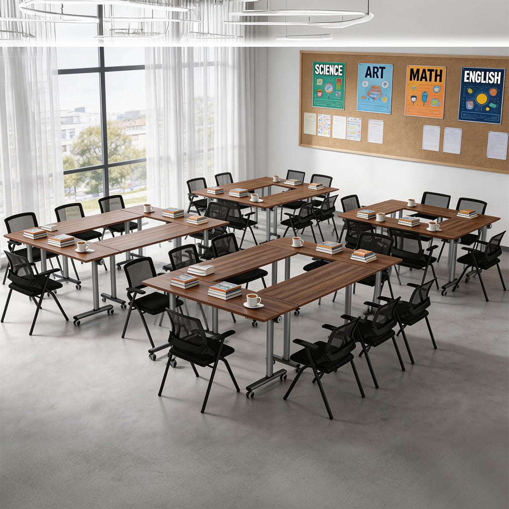 10 Pack Flip Top Training Table with Lockable Wheels, Mobile Nesting Folding Conference Table, Space Saving Seminar Desk for Classroom, Office, Library (Walnut, 47"×16"×30")