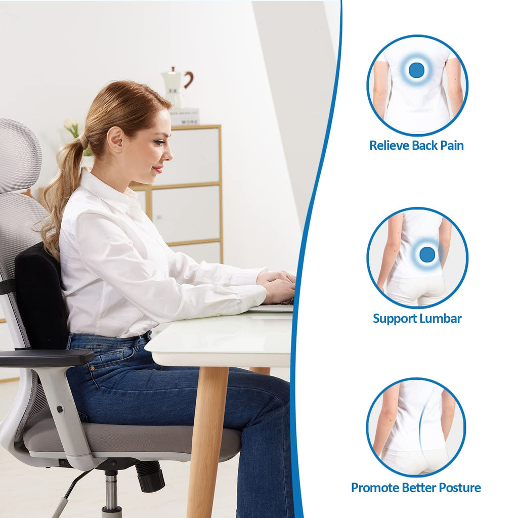 Comfortable Lumbar Support Pillow for Office Chair, Memory Foam Back Support Pillows for Car、Gaming Chair、 Home Chair, Back Pain Relief Improve Posture, Double Adjustable Straps(Black)