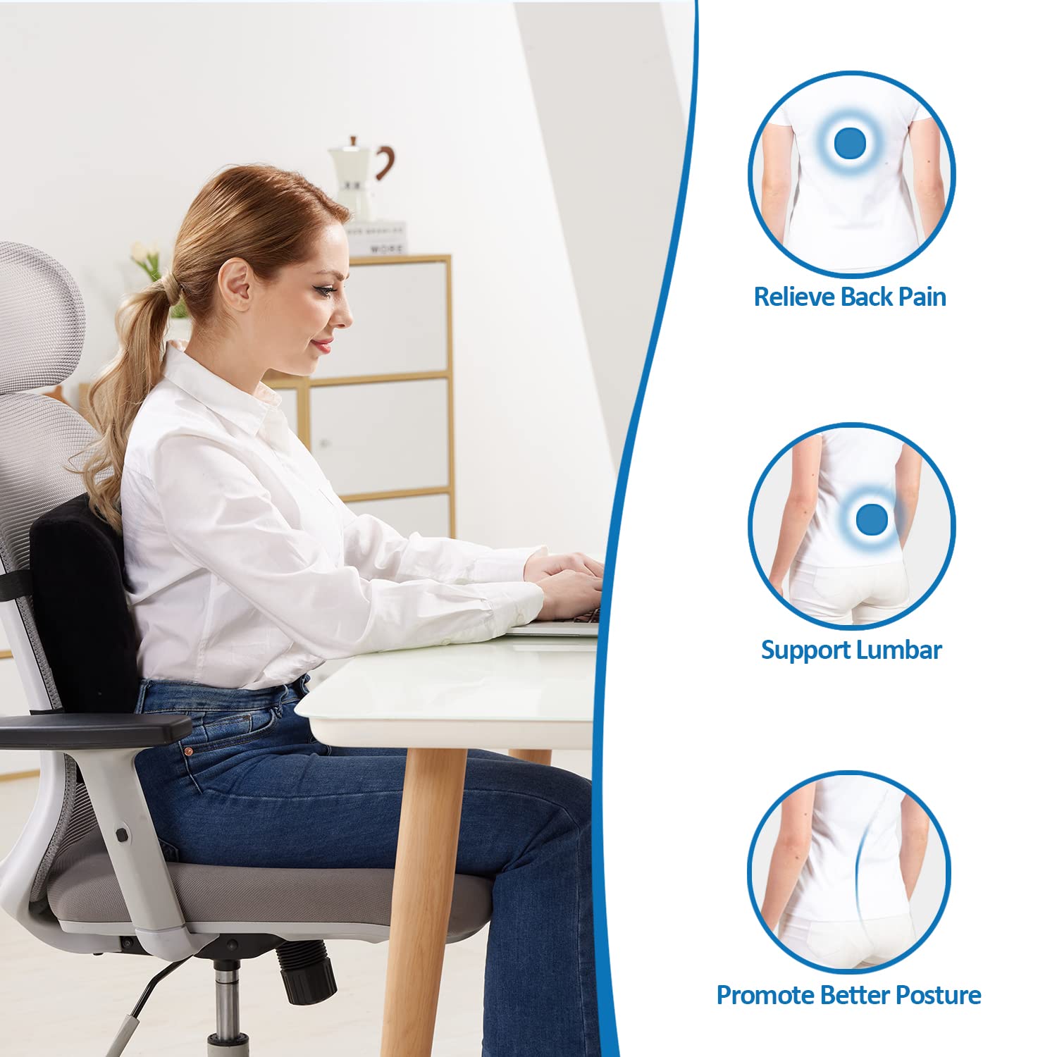 Comfortable Lumbar Support Pillow for Office Chair, Memory Foam Back Support Pillows for Car、Gaming Chair、 Home Chair, Back Pain Relief Improve Posture, Double Adjustable Straps(Black)