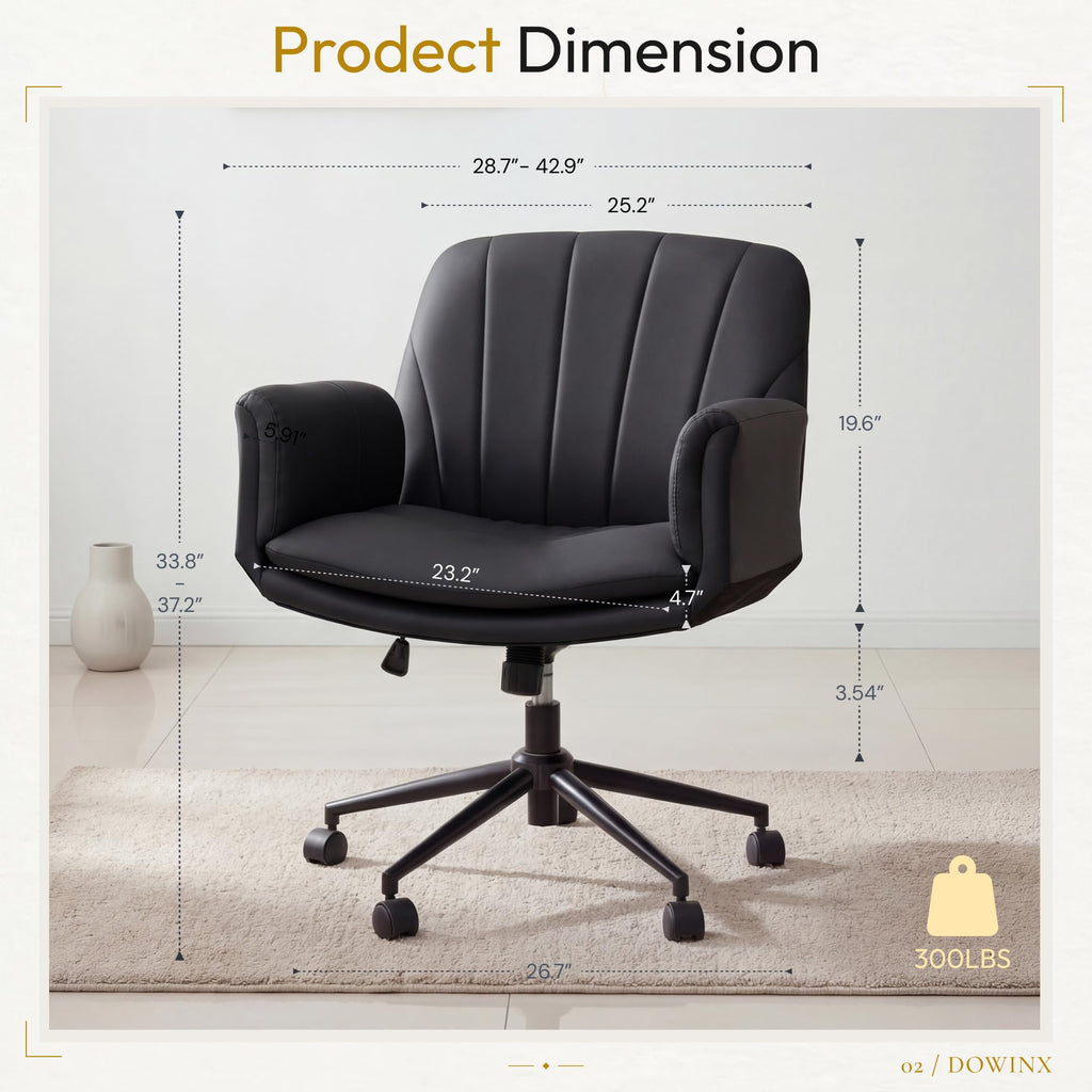 Criss Cross Chair with Five-Level Adjustable Arms and Wheels - Comfortable Ergonomic PU Leather Swivel Vanity Chair - Computer Makeup Gaming Chair for Home Office, Bedroom, Living Room (Black)