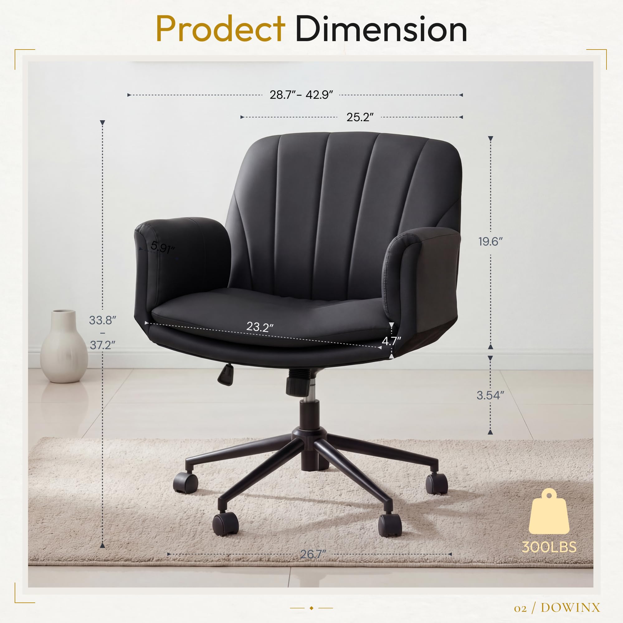 Criss Cross Chair with Five-Level Adjustable Arms and Wheels - Comfortable Ergonomic PU Leather Swivel Vanity Chair - Computer Makeup Gaming Chair for Home Office, Bedroom, Living Room (Black)