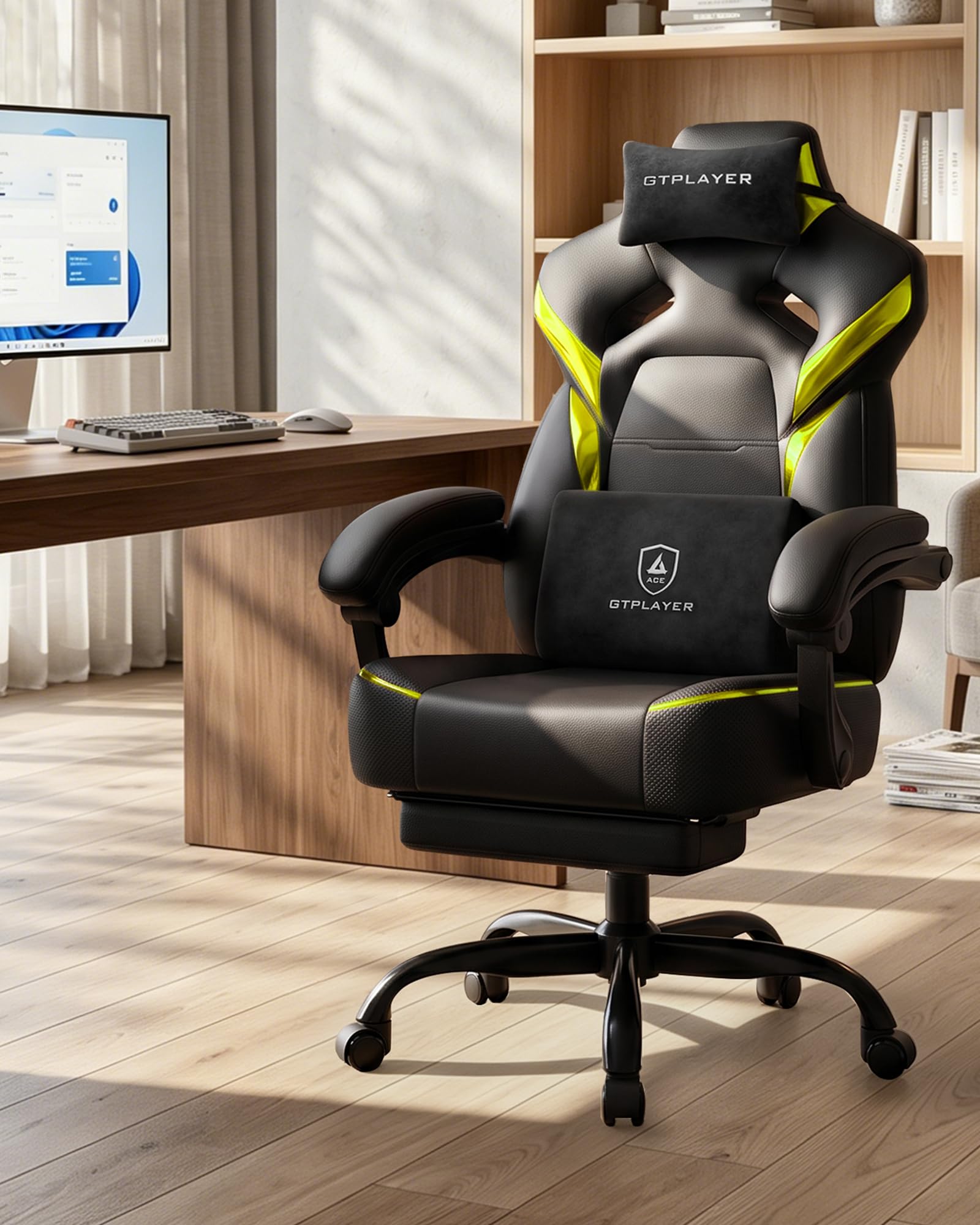 Big and Tall Gaming Chair with Footrest, High Back Ergonomic Office Chair for Adults, Heavy Duty 350 lbs Capacity, Premium Leather & Iridescent Trim, ACE-Armor, Yellow