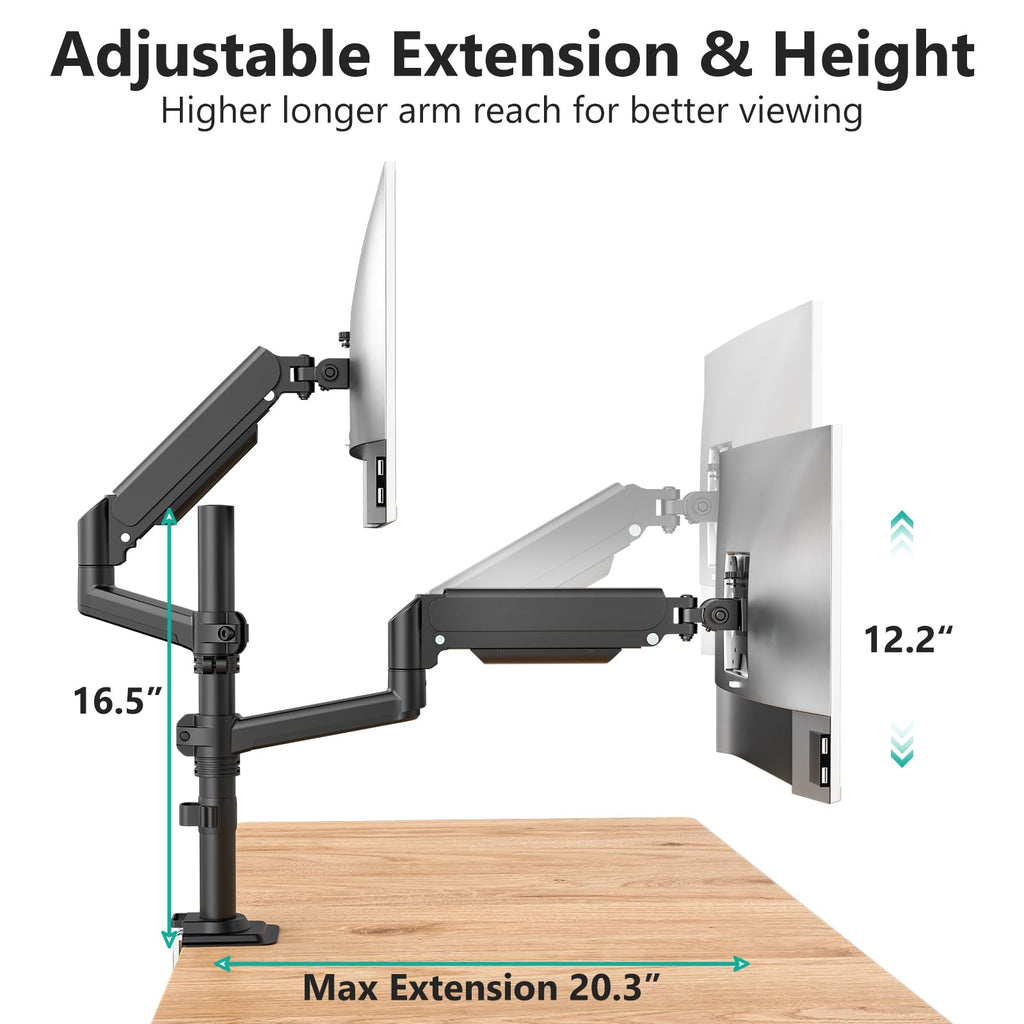 Dual Monitor Mount, 13-33 Inch Adjustable Dual Monitor Arm for Desk Holds Max 19.8 lbs Screens, Swivel Vesa Bracket with C Clamp, Grommet Mounting, Monitor Arms for 2 Monitors (GSDM002)