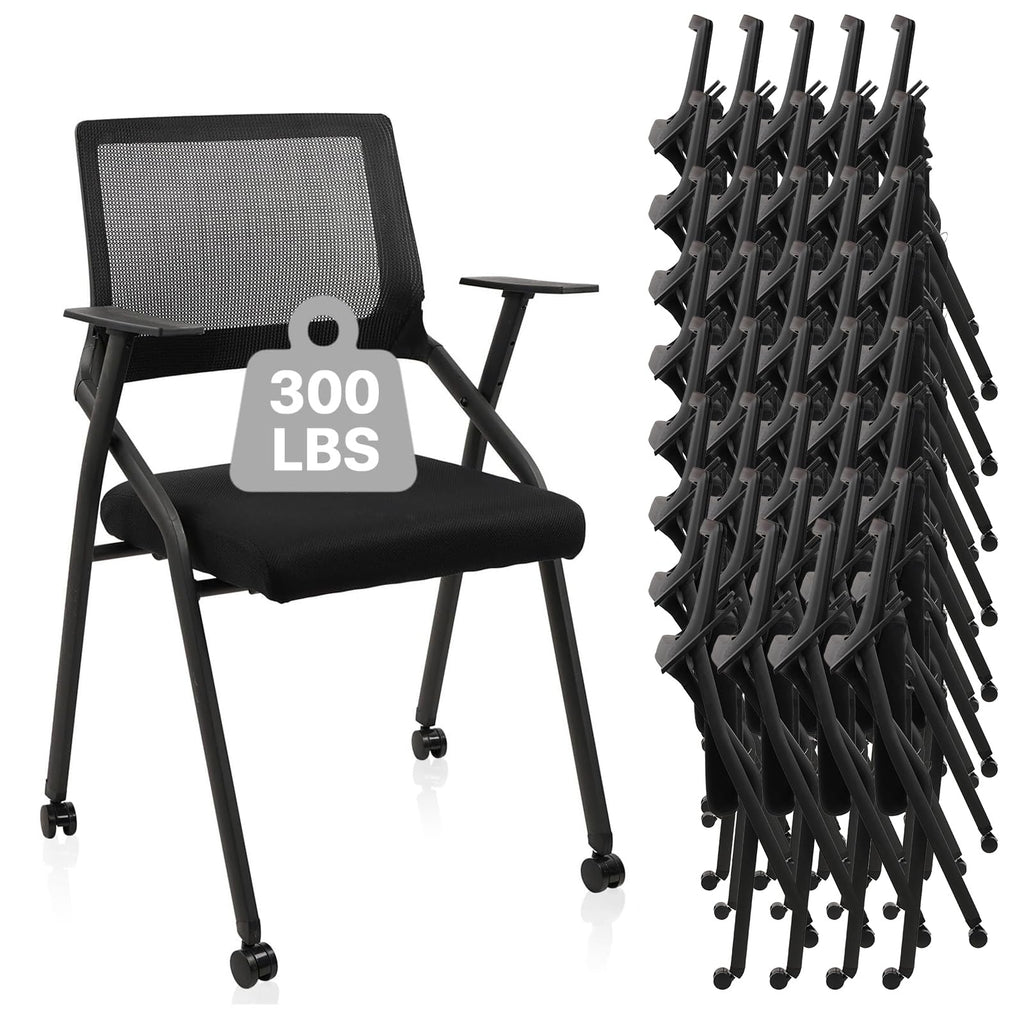 40 Pack, Stackable Foldable Chairs with Wheels, Portable Padded Office Desk Chair with Lumbar Support and Armrest for Conference School Lobby Break Waiting Training Room Guest Reception, Black