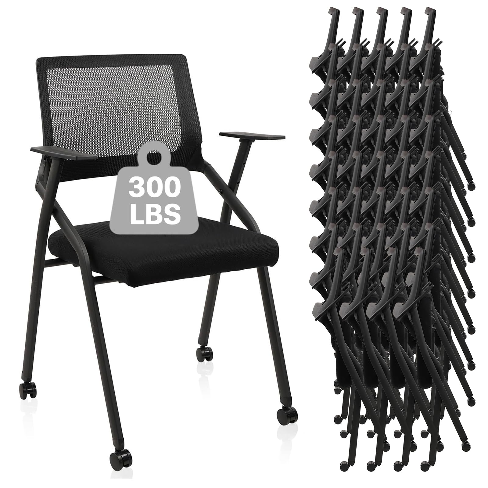 40 Pack, Stackable Foldable Chairs with Wheels, Portable Padded Office Desk Chair with Lumbar Support and Armrest for Conference School Lobby Break Waiting Training Room Guest Reception, Black