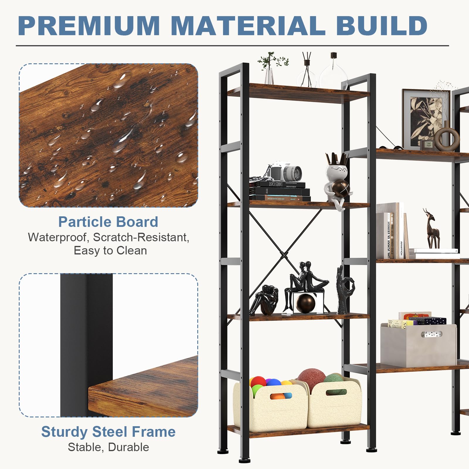 Triple Column 4 Tier Bookshelf, Wide Industrial Bookcase, Brown