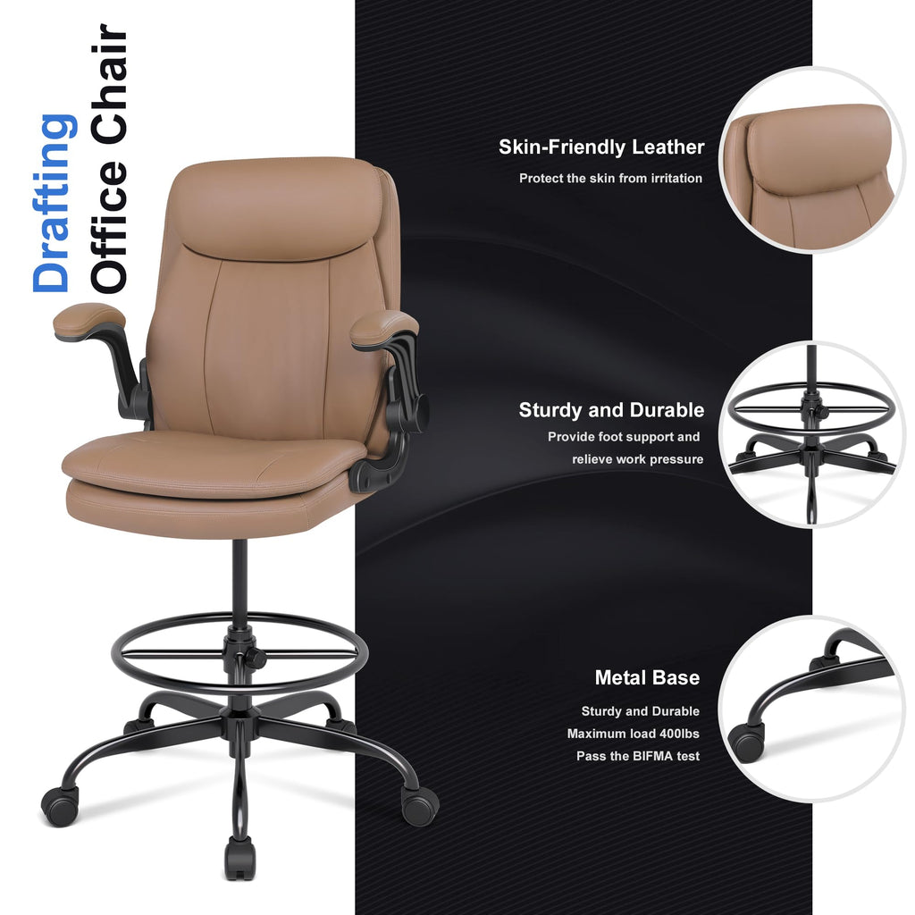 Leather Drafting Chair, Tall Office Chair for Standing Desk, High Executive Office Chair with Adjustable Height and Flip-up Armrest for Counter Height Desk