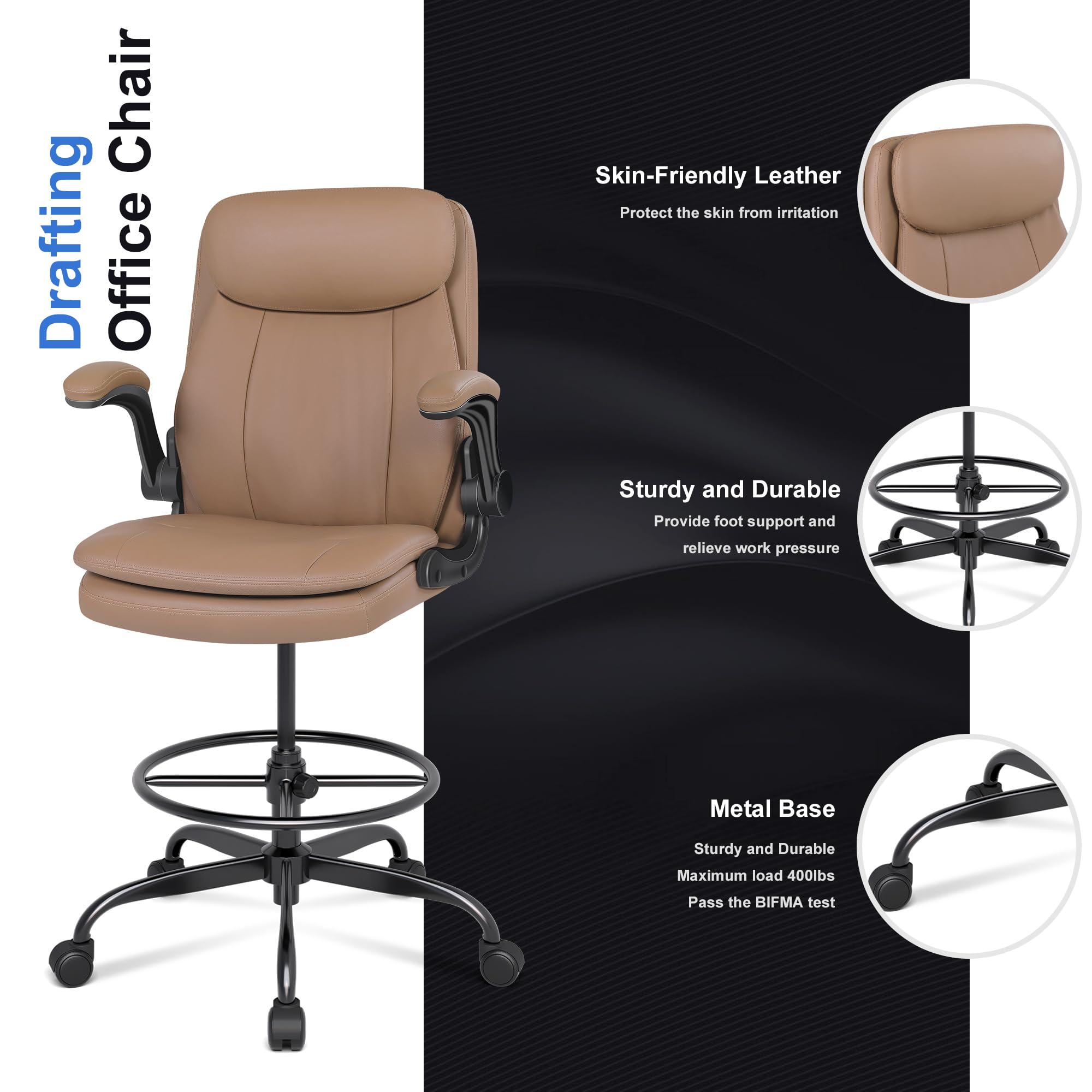 Leather Drafting Chair, Tall Office Chair for Standing Desk, High Executive Office Chair with Adjustable Height and Flip-up Armrest for Counter Height Desk