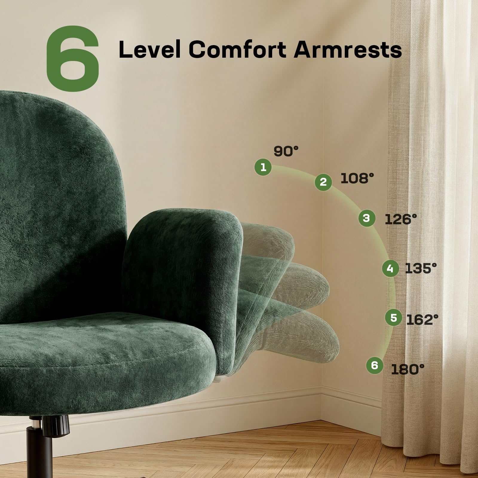 Criss Cross Office Chair with Adjustable Armrests & Wheels, Vanity Chair with Wide Cushion, Reclining Back, Soft Chenille Fabric, Desk Chair for Home Office, Makeup Room, Bedroom, Green