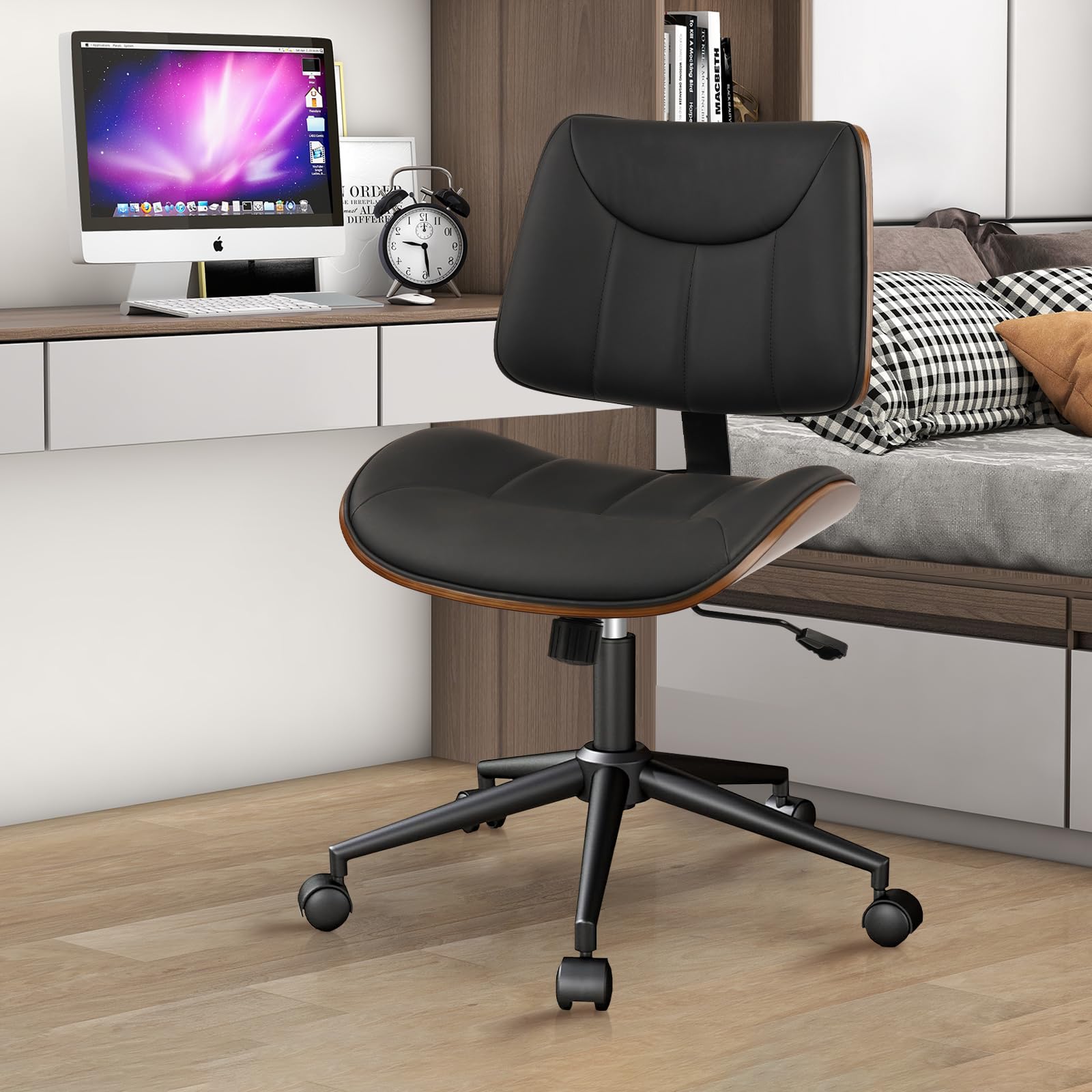 4Pack, Office Chair Armless with Wheels, Mid-Century Modern Walnut Desk Chair, Adjustable Height Reading Chair, PU Leather Mid Back & Swivel Computer Chairs for Home Meeting Room Bedroom, Black