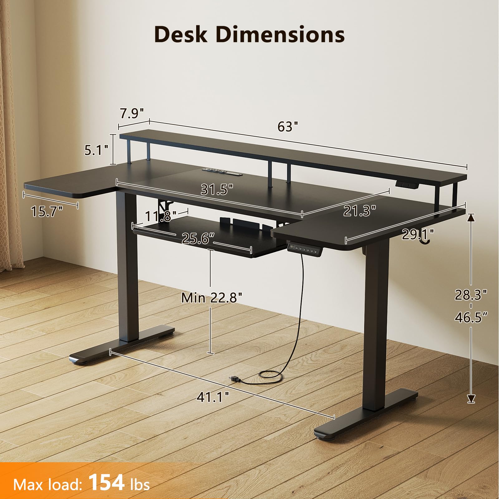 U Shaped Electric Standing Desk with Keyboard Tray, 63 Inch Height Adjustable Desk with Power Outlets & LED Lights, Sit Stand Table with Monitor Stand for Home, Office, Black